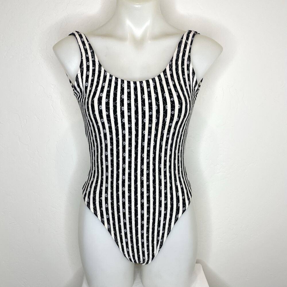 Vintage Pro Spirit Leotard Womens 9/10 Black White Striped Embroidered Eyelet